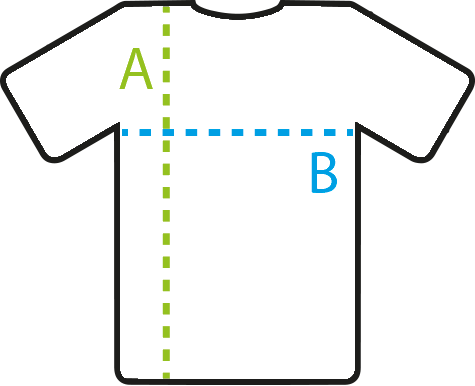 Come misurare la t-shirt: A lunghezza spalla-orlo, B larghezza ascella-ascella